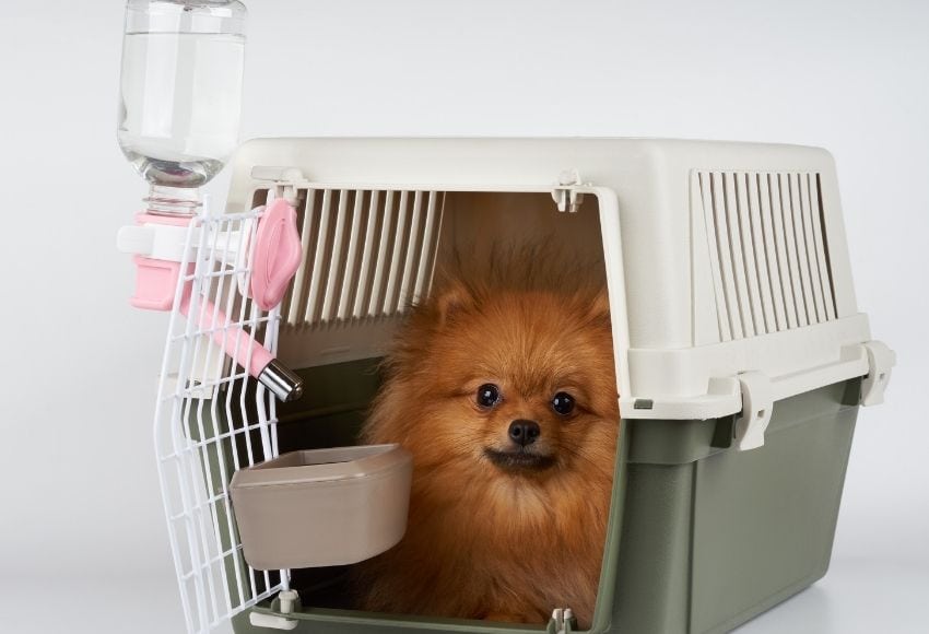 A small Pomeranian puppy sits inside a travel crate with attached food and water dispensers.